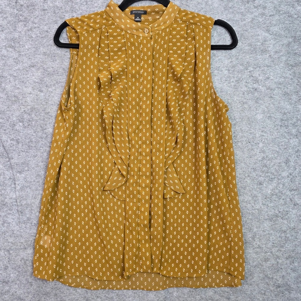 Ann Taylor Womens Mustard Sleeveless Ruffle Mock Neck Blouse Print Top Size M